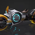 Futuristic Motorcycle With Glowing Blue Circular Lights And Orange Wheels Design Details