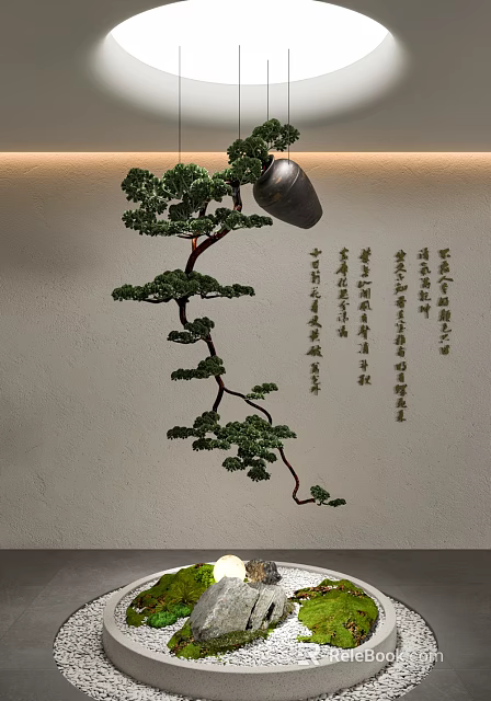 Indoor Landscape With Hanging Pine Bonsai And Chinese Calligraphy On Wall 3d model 