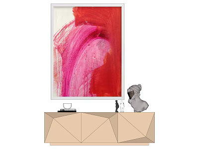Large Abstract Painting With Red And Pink Brush Strokes On Geometric Beige Cabinet 3d model