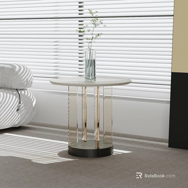 Modern Round Side Table With Metal Legs And Vase Near Gray Sofa By Window Blinds 3d model 