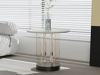 Modern Round Side Table With Metal Legs And Vase Near Gray Sofa By Window Blinds 3d model