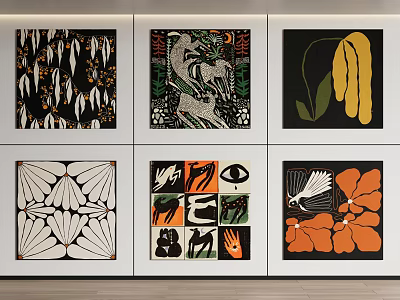 Abstract Paintings Collection On Gallery Wall Featuring Colorful Geometric Botanical And Animal Motifs 3d model