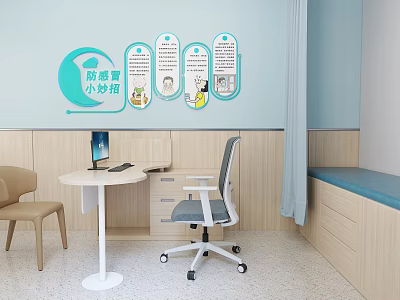 Clinic Room With Cold Prevention Tips Poster Desk Computer Chair and Cozy Seating 3d model