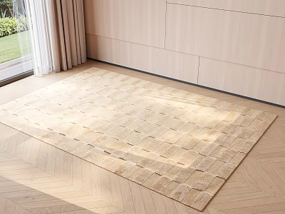 Beige Square Rug With Woven Grid Pattern On Wooden Floor In Bright Interior 3d model