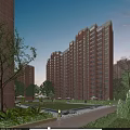 Modern High Rise Residential Building Surrounded by Green Lawn Trees and Illuminated Windows