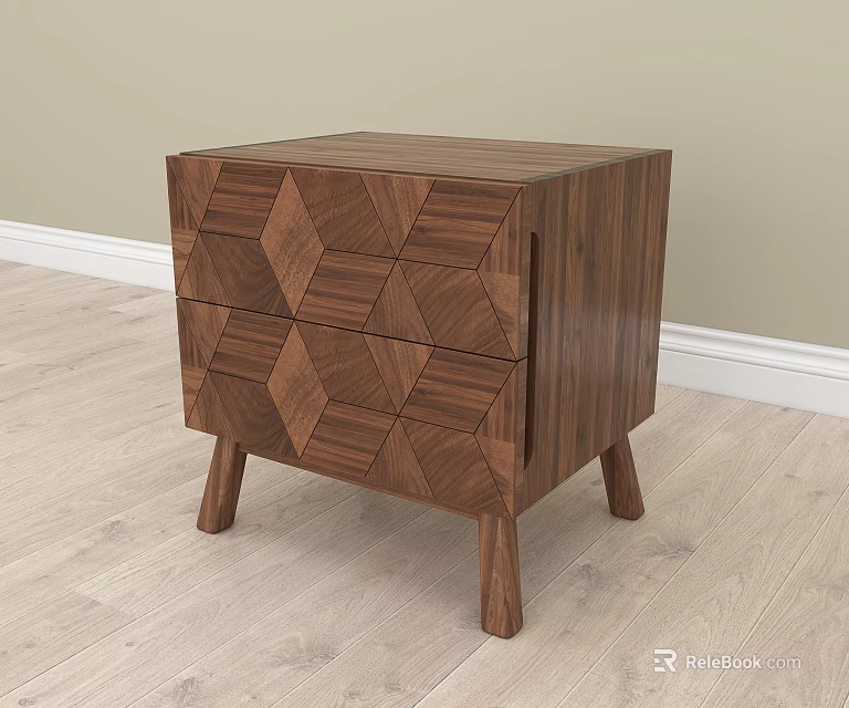 Modern Wooden Nightstand With Two Geometric Pattern Drawers And Slim Legs 3d model 