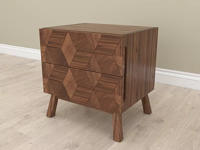 Modern Wooden Nightstand With Two Geometric Pattern Drawers And Slim Legs 3d model