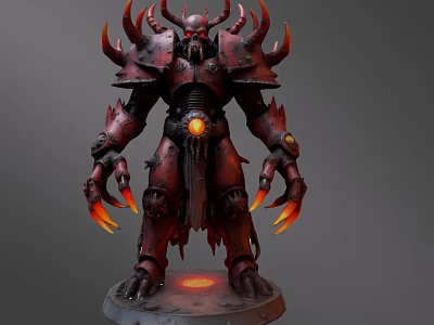 Game And Movie Character In Red Armor With Horns Glowing Elements And Flame Like Hands 3d model