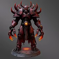 Game And Movie Character In Red Armor With Horns Glowing Elements And Flame Like Hands
