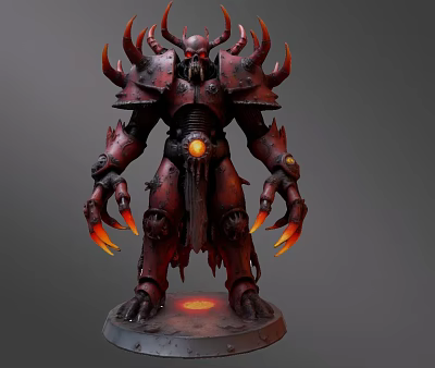 Game And Movie Character In Red Armor With Horns Glowing Elements And Flame Like Hands 3d model