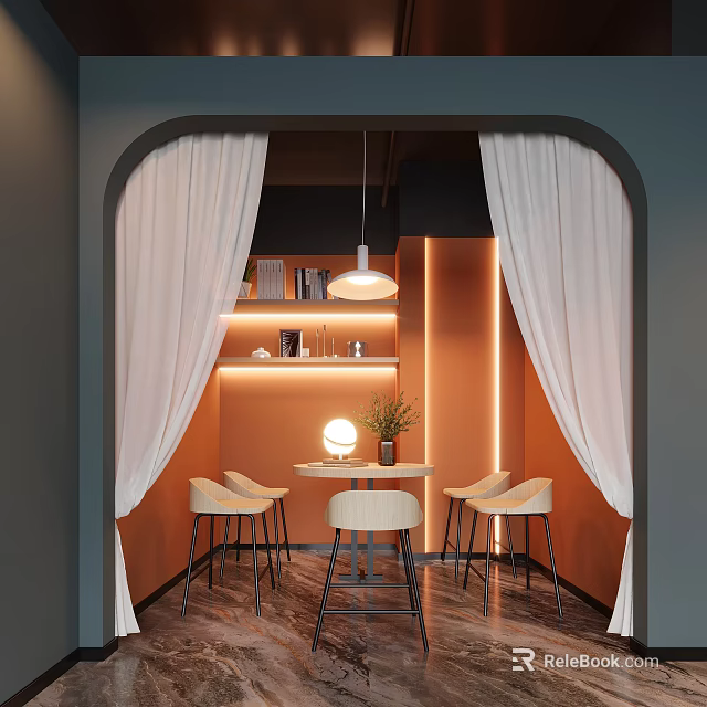 Cozy Relaxation Area With Arched Doorway White Curtains Orange Walls Pendant Light And Green Plant 3d model 
