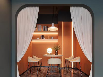 Cozy Relaxation Area With Arched Doorway White Curtains Orange Walls Pendant Light And Green Plant 3d model