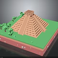 Miniature Step Pyramid Building With Top Small Structure And Green Trees On Pink Base