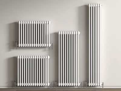 White Radiators Of Different Sizes Mounted On Light Grey Wall 3d model