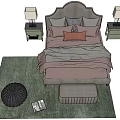 Modern Double Bed With Arched Headboard Multiple Pillows Nightstands Table Lamps Knitted Ottoman And Cozy Rug