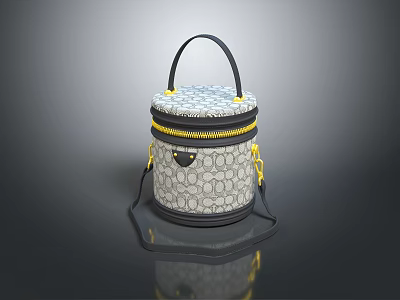 Stylish Round Box Bag With Patterned Surface Yellow Zipper Leather Handle And Shoulder Strap 3d model