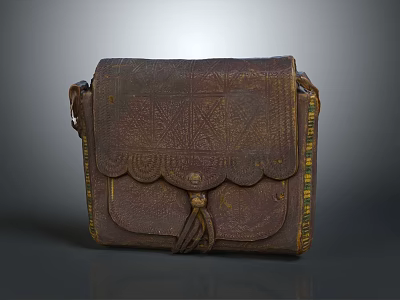 Vintage Leather Bag With Carved Patterns Tassel Closure Brown Exterior And Colorful Side Trim 3d model