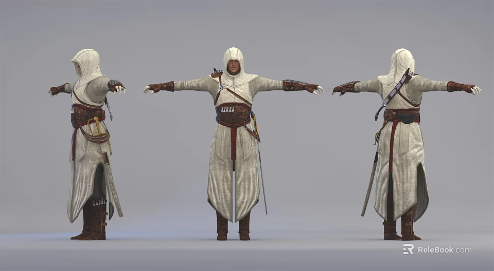 Hooded Assassin Character In White Robe With Weapon Shown In Three Poses 3d model 