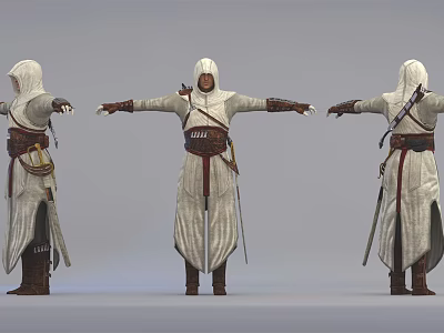 Hooded Assassin Character In White Robe With Weapon Shown In Three Poses 3d model