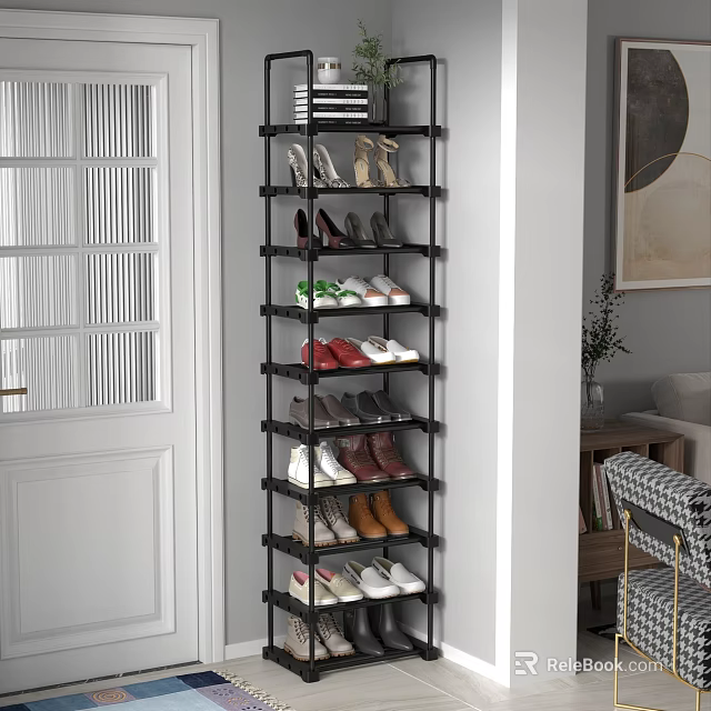 Narrow Black Modern Tall Shoe Rack With Multiple Tiers Holding High Heels Sneakers Leather Shoes 3d model 
