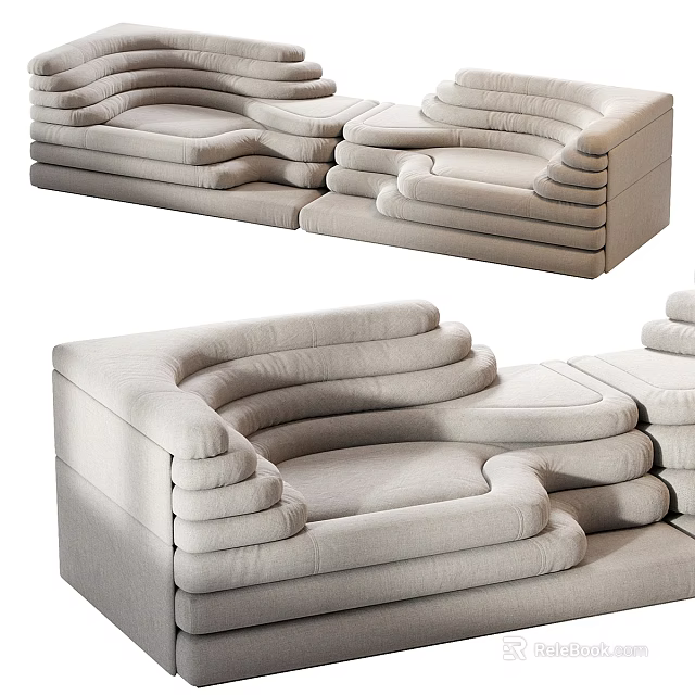 Modern Sectional Sofa With Layered Backrests And Curved Design In Beige Fabric 3d model 