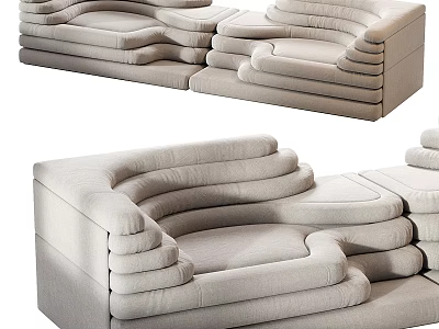 Modern Sectional Sofa With Layered Backrests And Curved Design In Beige Fabric 3d model