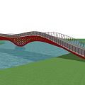 Red Arch Bridge Over Water With Greenery Trees And People Walking