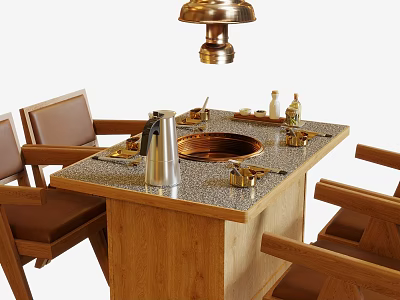 Wooden Dining Table With Marble Top Copper Hotpot And Brass Pendant Light Above Chairs 3d model