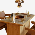 Wooden Dining Table With Marble Top Copper Hotpot And Brass Pendant Light Above Chairs