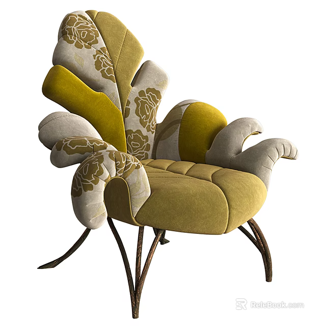 Single Sofa with Floral Pattern Yellow Gray Upholstery Curved Armrests and Metal Legs 3d model 