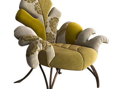 Single Sofa with Floral Pattern Yellow Gray Upholstery Curved Armrests and Metal Legs 3d model