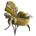 Single Sofa with Floral Pattern Yellow Gray Upholstery Curved Armrests and Metal Legs