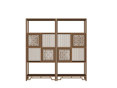 Traditional Chinese Wooden Curio Shelf Featuring Lattice Design And Open Storage Compartments 3d model