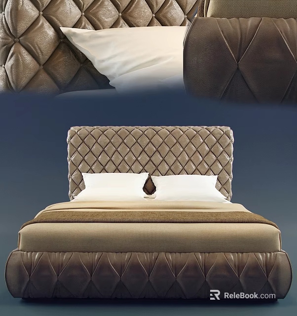 Luxury Double Bed With Diamond Tufted Leather Headboard And White Bedding 3d model 