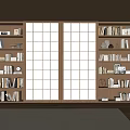 Wooden Bookcase With Sliding Grid Doors And Open Shelves Filled With Books And Decor