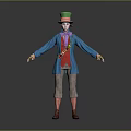 Colorful Clown Character Wearing Green Hat Blue Coat with Playful Animal Companion and Colorful Prop