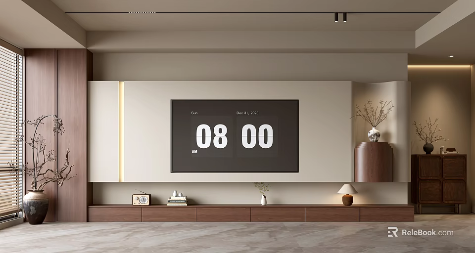 Modern Simple TV Background Wall Design With Wooden Panel Storage And Decorative Vase Ornaments 3d model 