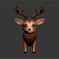 Cartoon Style Cute Brown Deer Toy Figure With Big Eyes And Antlers On Dark Background