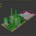 Industrial Factory Building With Red White Chimneys Cooling Tower And Steel Structures