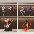 Anime Character Figures Displayed in White Shelf Display Case with Various Poses 3d model