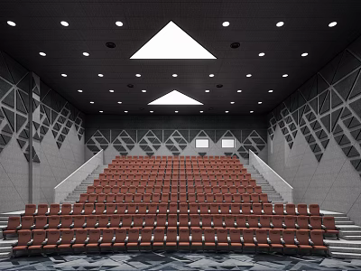 Cinema Interior Featuring Red Seats Arranged In Rows Ceiling Lights And Geometric Wall Design 3d model
