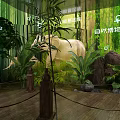 Natural Animal Museum Interior With Elephant Sculpture Green Plants And Wooden Walkway