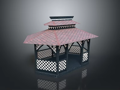 Traditional Style Pavilion With Red Roof Black Pillars And White Lattice Decoration 3d model
