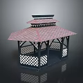 Traditional Style Pavilion With Red Roof Black Pillars And White Lattice Decoration