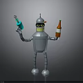 Silver Robot With Yellow Face Black Eyes Holding Blue And Red Bottles
