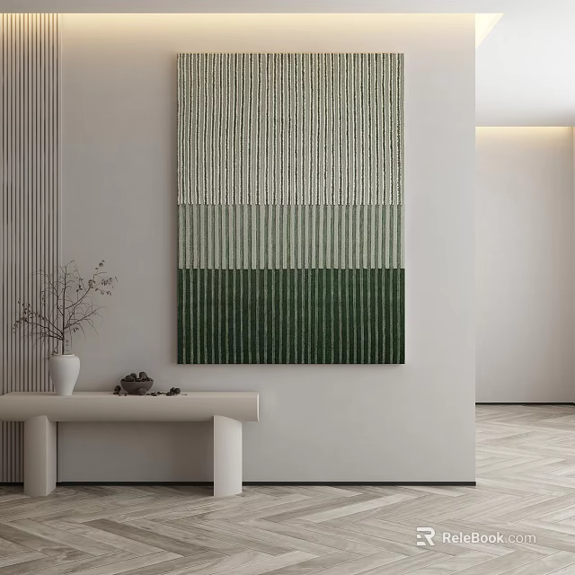 Modern Interior Wall Art with Striped Green Beige Pattern and White Console Table 3d model 