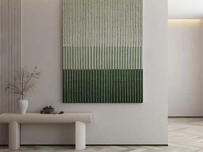 Modern Interior Wall Art with Striped Green Beige Pattern and White Console Table 3d model