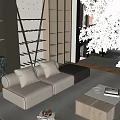 Modern Living Room Interior With Beige Sofa Plush Pillows Wooden Coffee Table And Glass Bookshelf