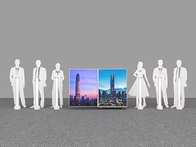 Launch Device With Dual City Night Displays And Surrounding Silhouette Figures 3d model