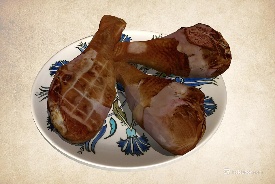 Roasted Chicken Legs On Floral Pattern Plate With Juicy Golden Brown Texture 3d model 